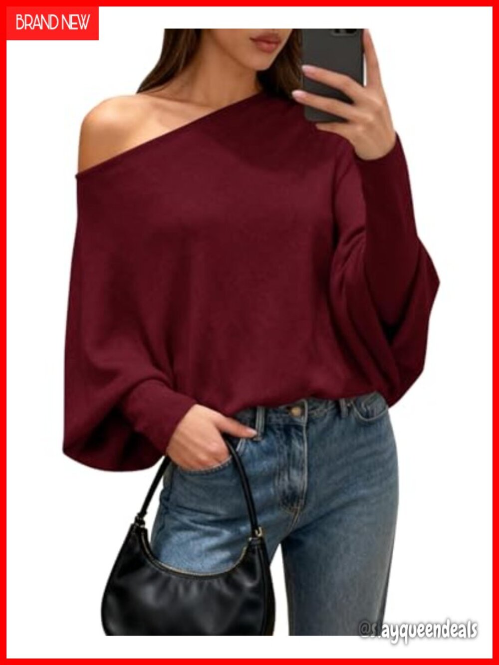 Off Shoulder Batwing Knit Pullover Sweater Long Sleeve Loose Fit